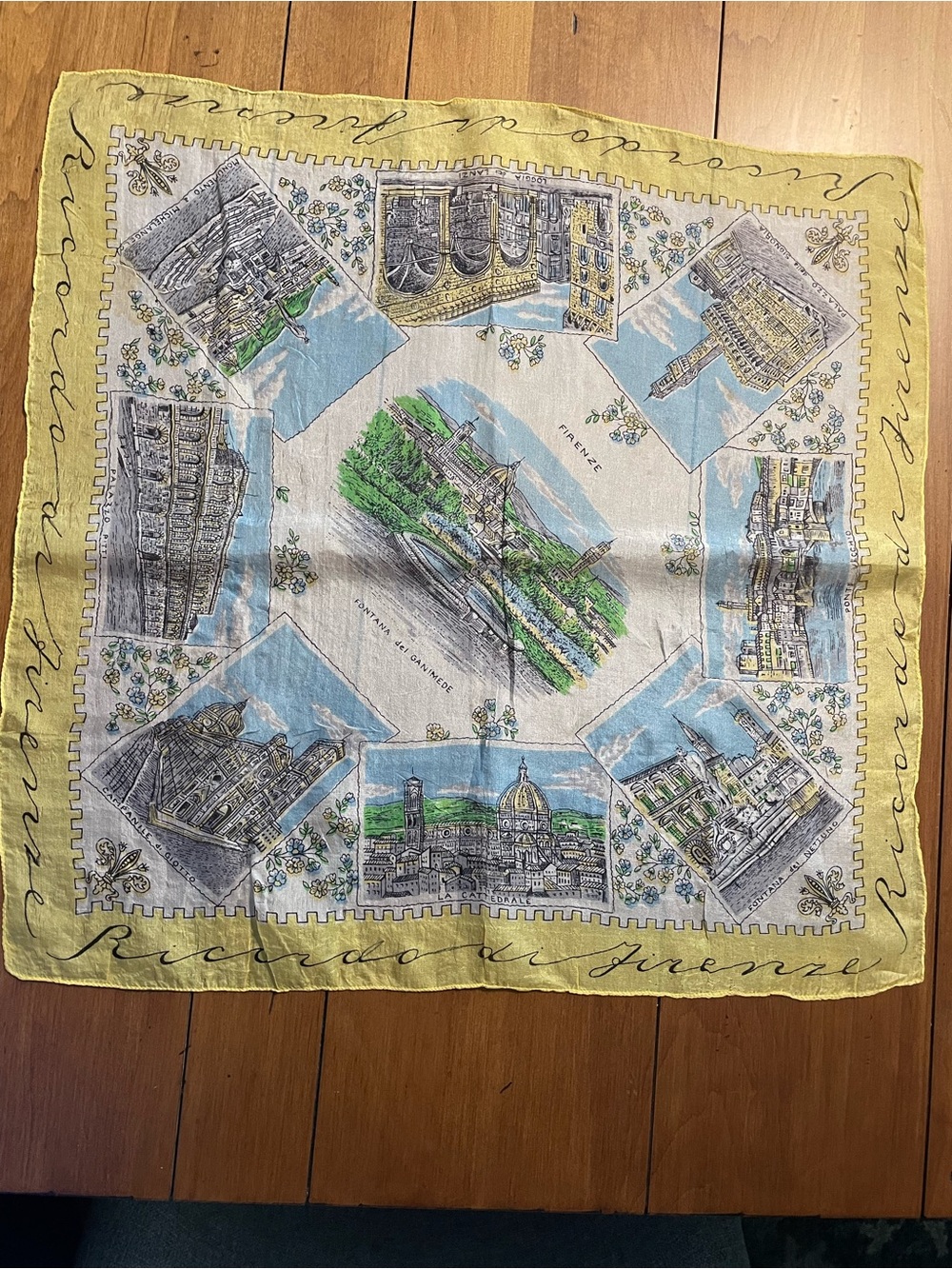 Vintage Silk Florence Scene Square neck scarf- Yellow & Blue